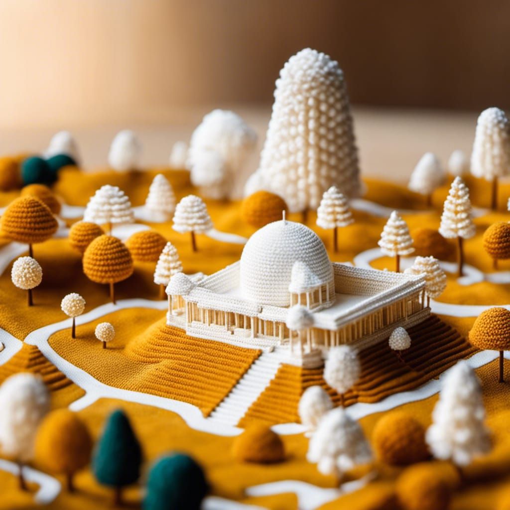 Isometric Crochet World in White Thread: 3D Digital Art