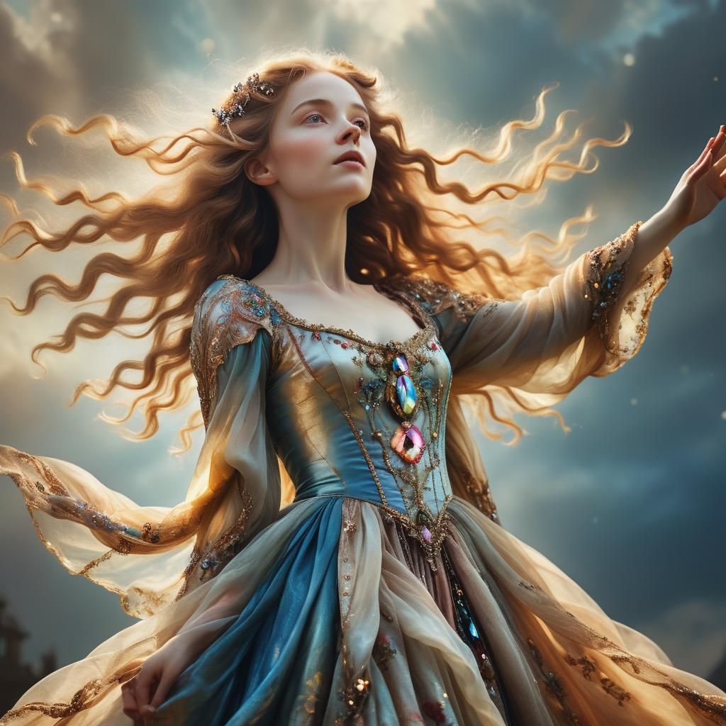 Ethereal Woman in Baroque Style Gazing Skyward