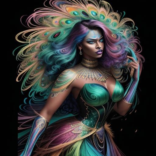 Rainbow Woman with Peacock Feathers in Comic Book Style