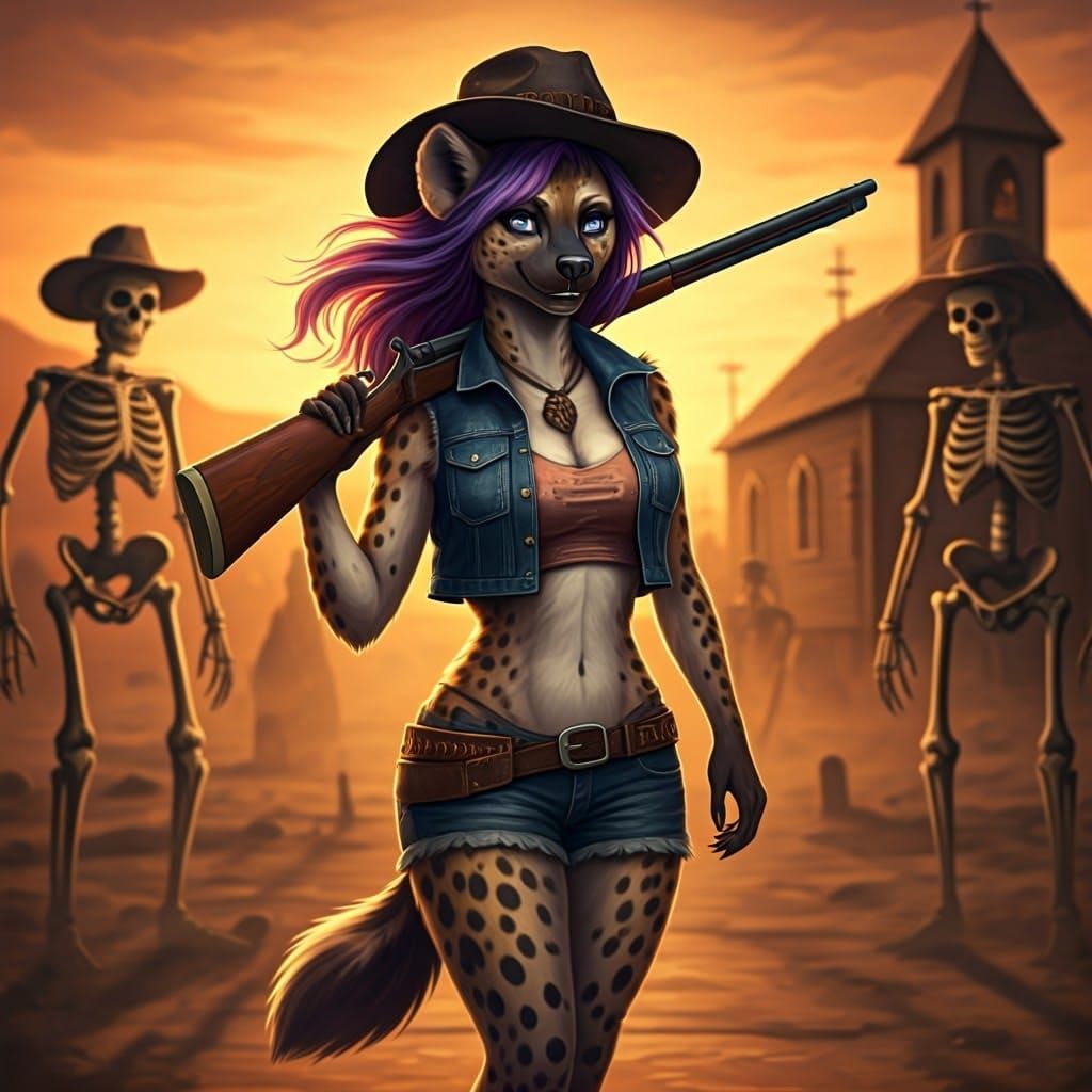 Feminine She-Hyena Struts Past Skeleton Cowboys in a Golden ...