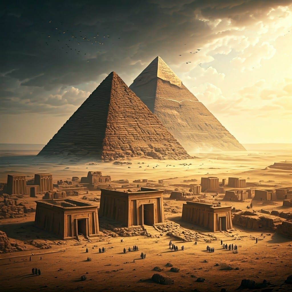 Ancient Egyptian Pyramids Amidst Ruins and Flood