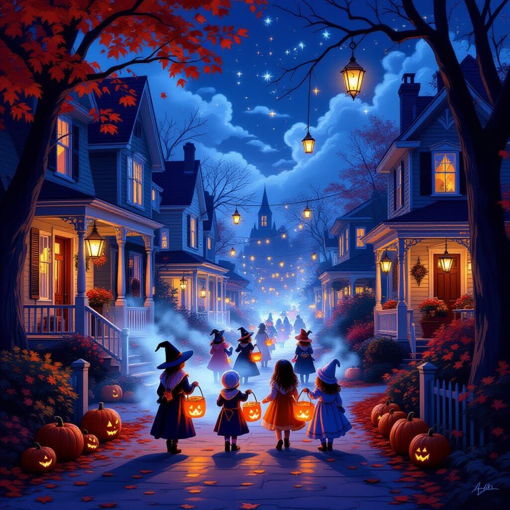 Magical Halloween Night in a Whimsical Autumn Neighborhood