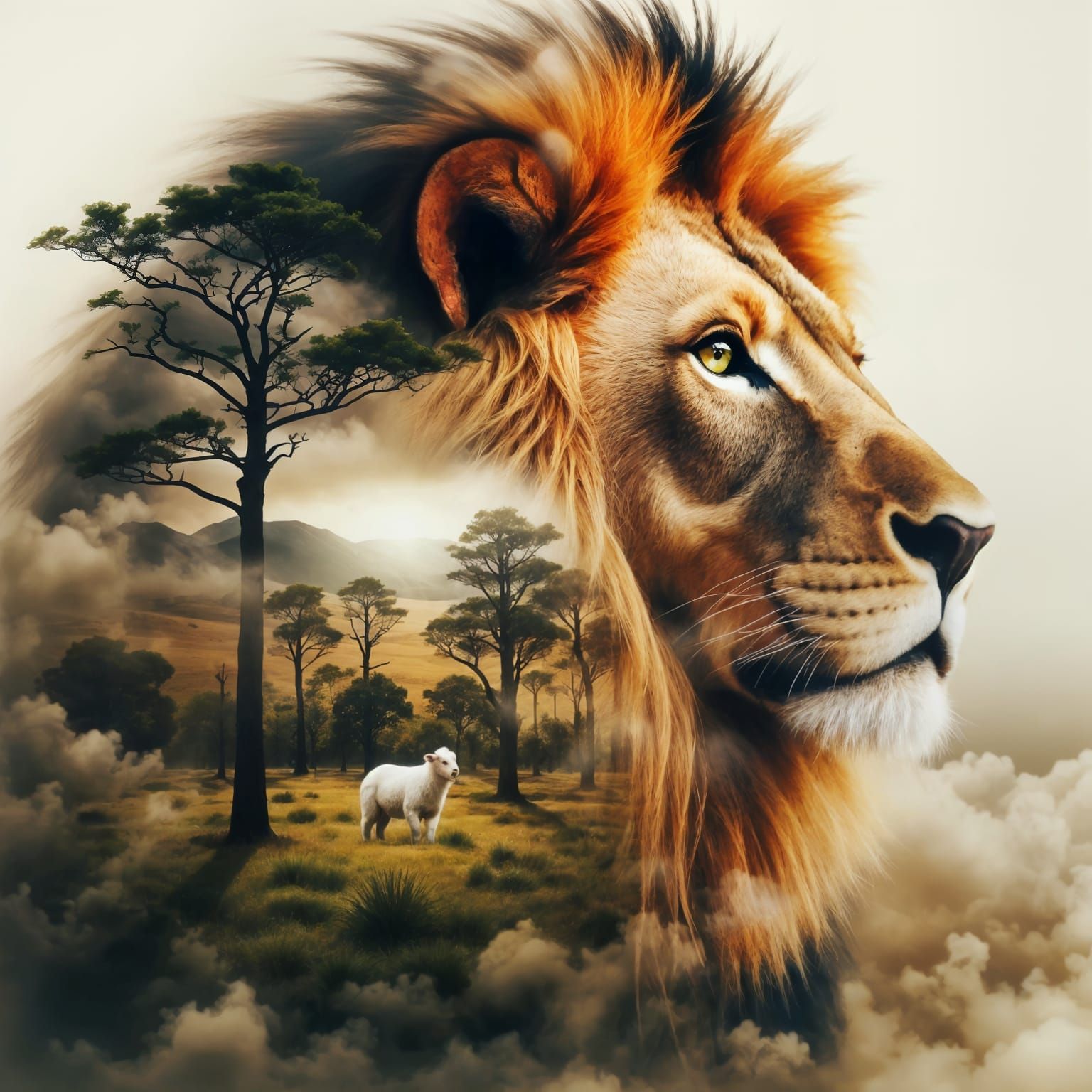Double Exposed Lion and Lamb in Whimsical Surrealism