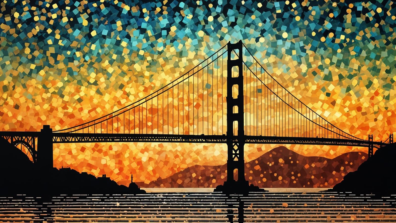 Golden Gate Bridge Confetti Mosaic in Pointillism Style
