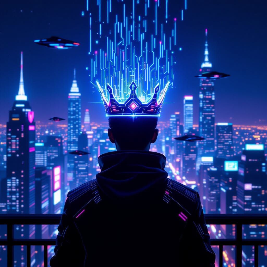 Cyberpunk Ruler with Holographic Circuitry Crown in Neon Cit...