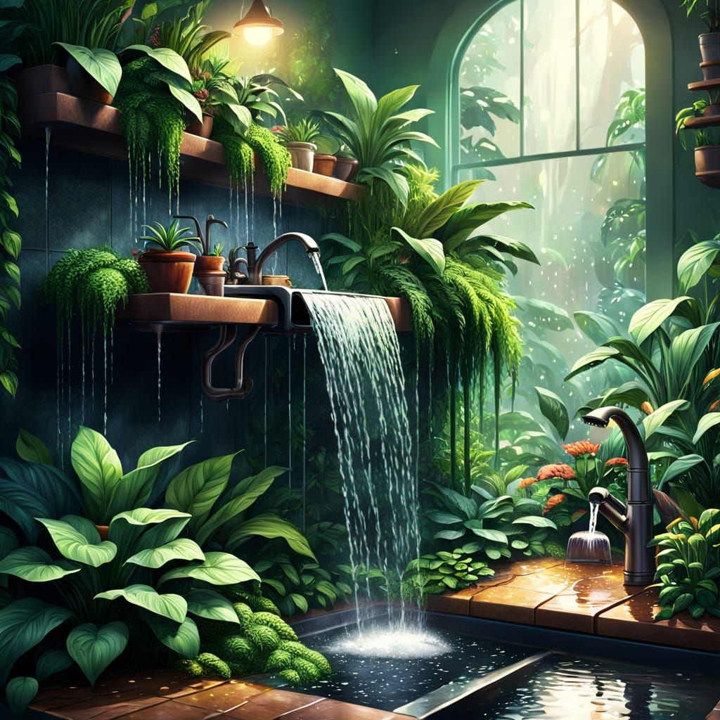 Whimsical Waterfall Flows from Sink to Houseplant Forest