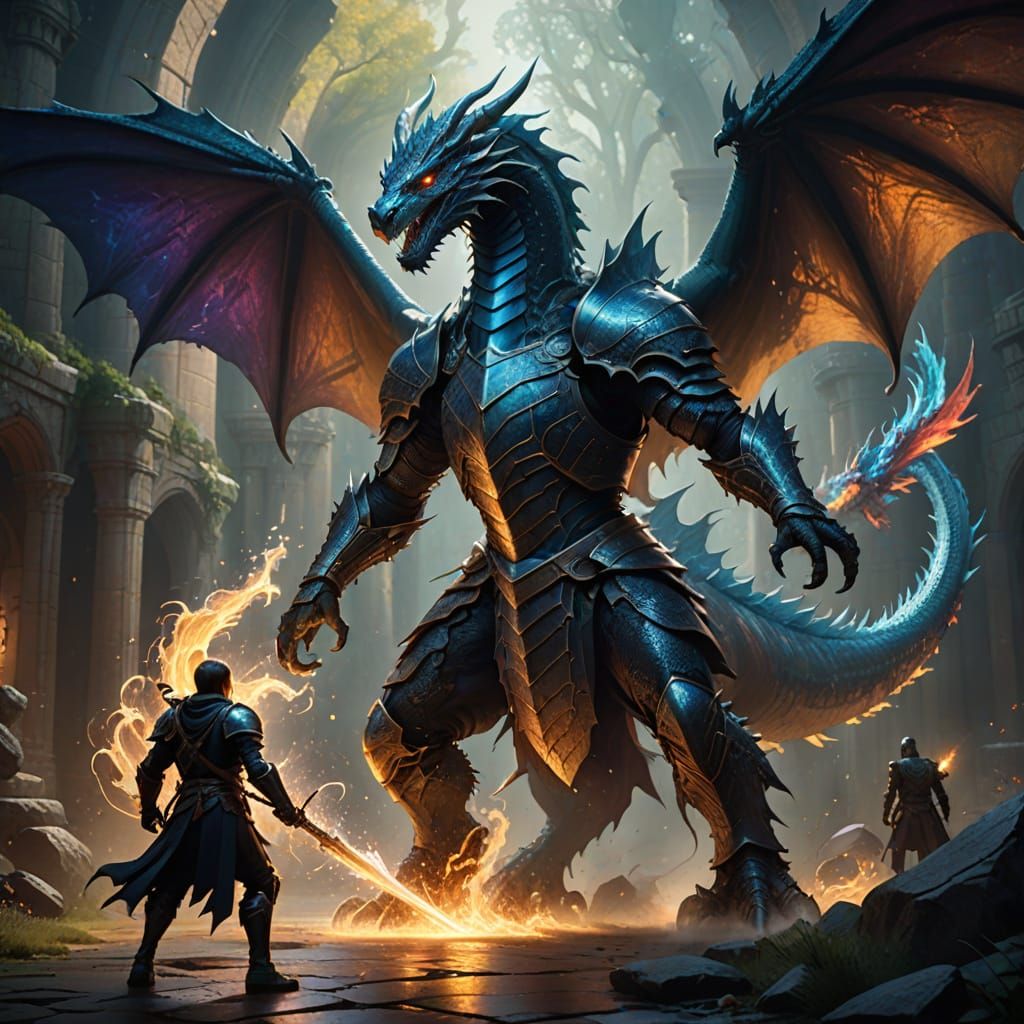 Knight's Spectral Dance With Dragon in Matte Painting Style