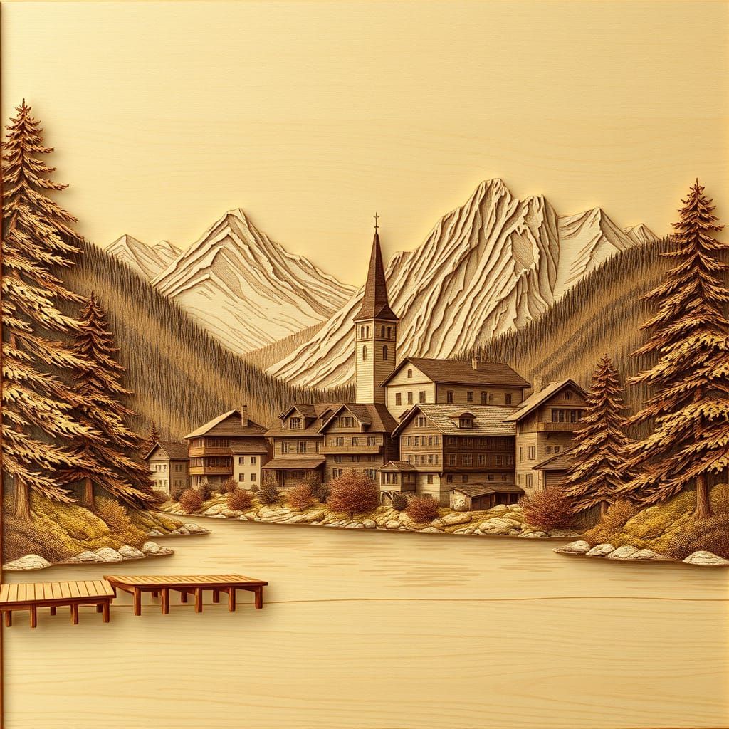 Serene Woodcut Mountain Village