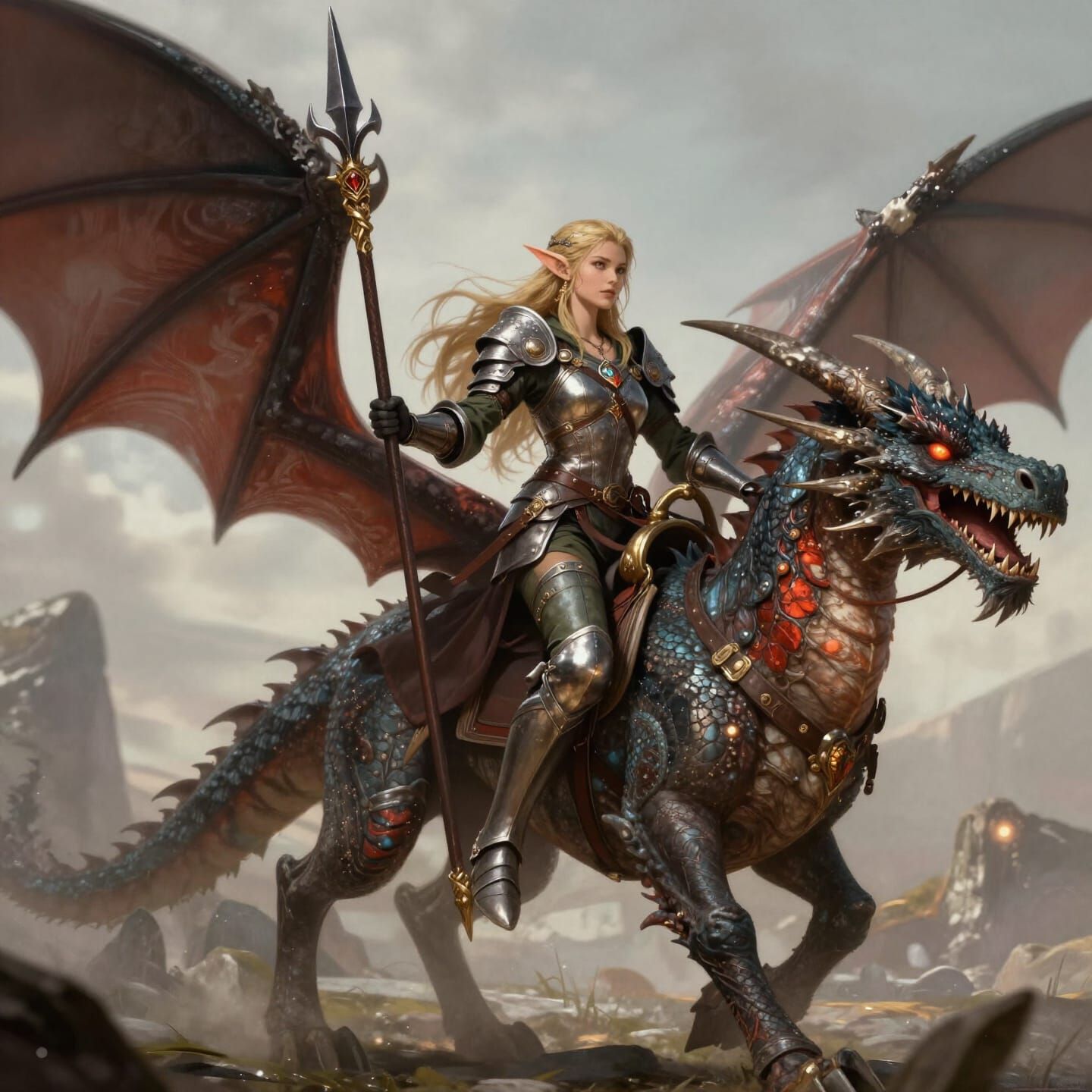 Elf Warrior Riding War Dragon in D&D Illustration Style