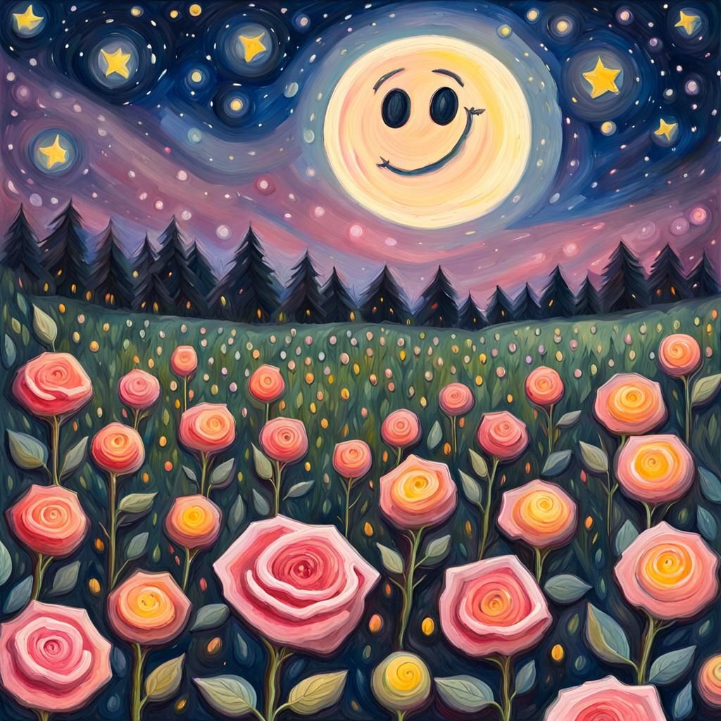 Rose Fields, Full Moon, and Fireflies in Gouache Style