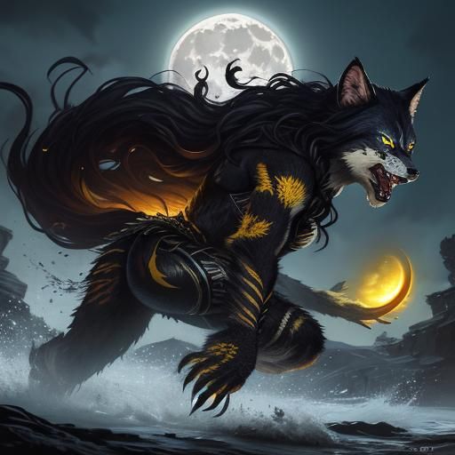 Beautiful Savage Werewolf Prowling Under Full Moon