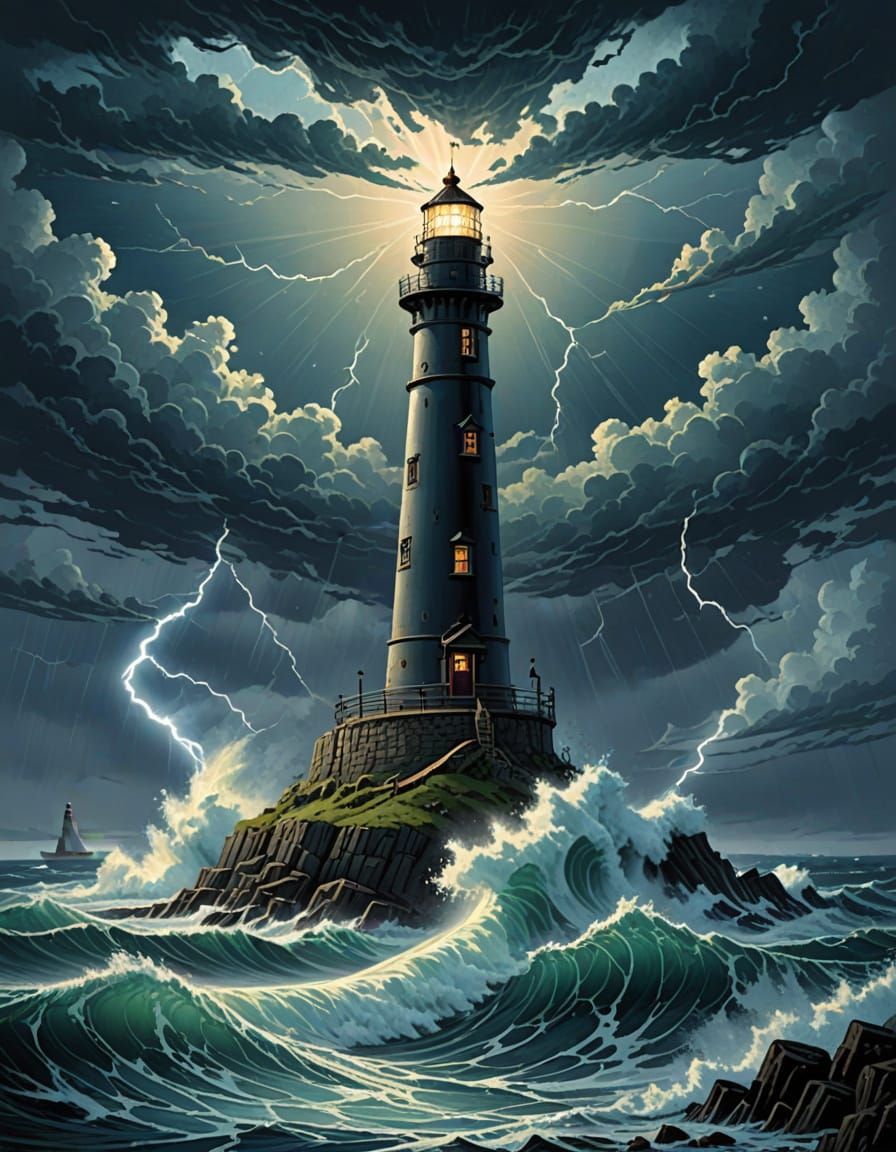 Surreal Stormy Seascape with Impasto Lighthouse