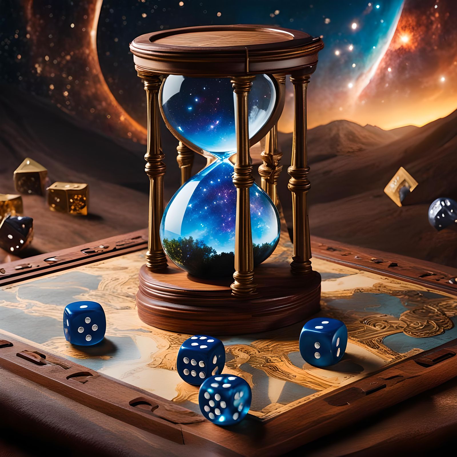 Time in the galaxy game board  (a giant dice in a giant game board : 2), (small persons : 1,8) , (gigantic hourglass whi...