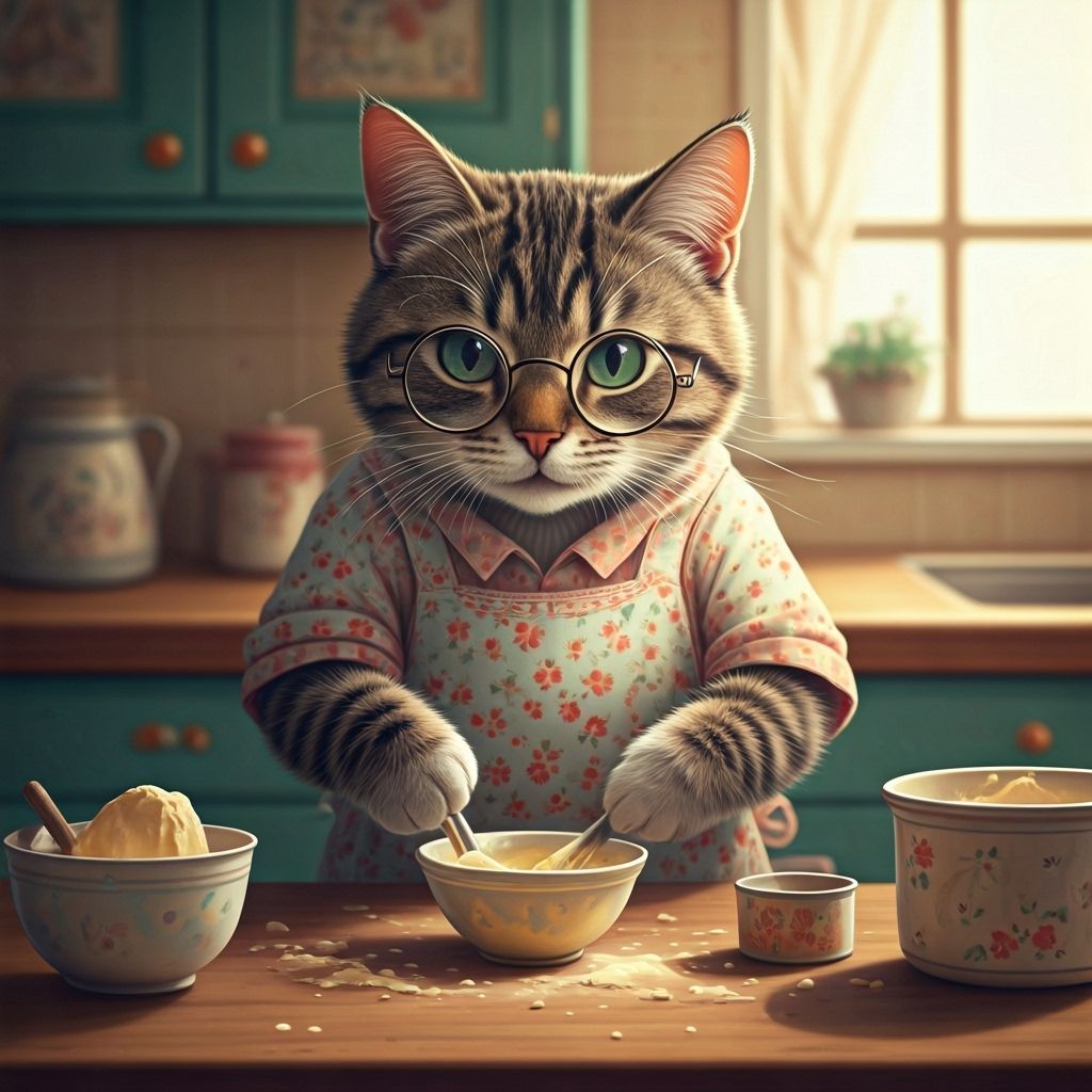 Boomer Cat Baking Cake in Pastel Vintage Kitchen