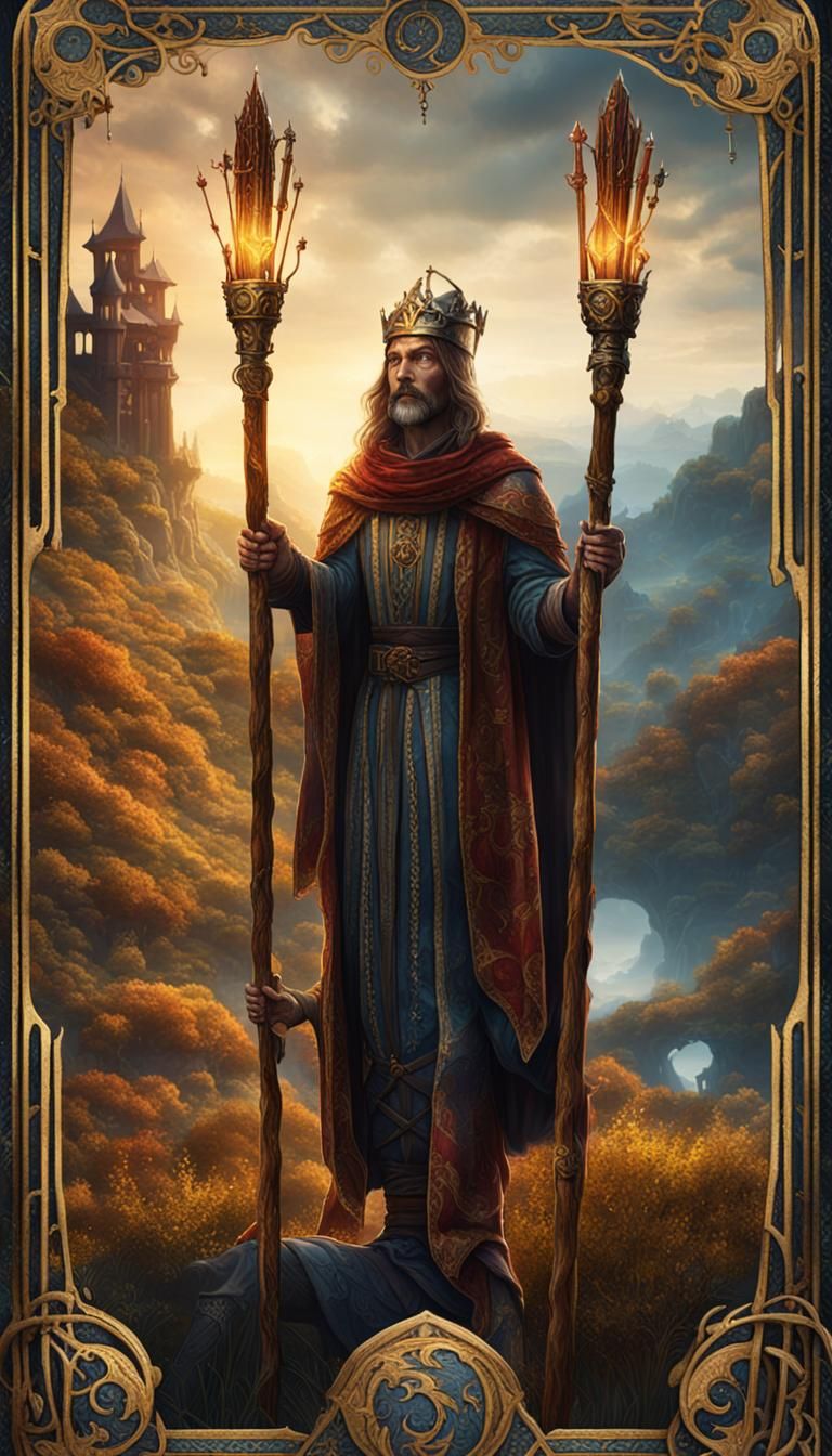 Three of Wands Tarot Card in Medieval Style