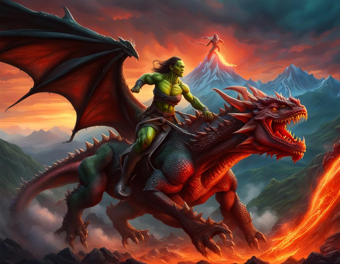 Orc Female Riding a Red Dragon at Sunset