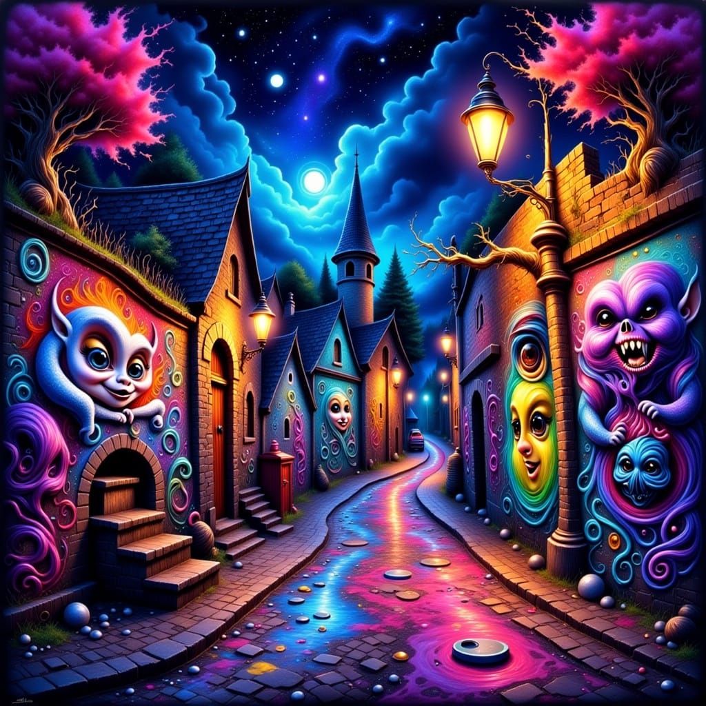 Fantasy City Graffiti Art at Night