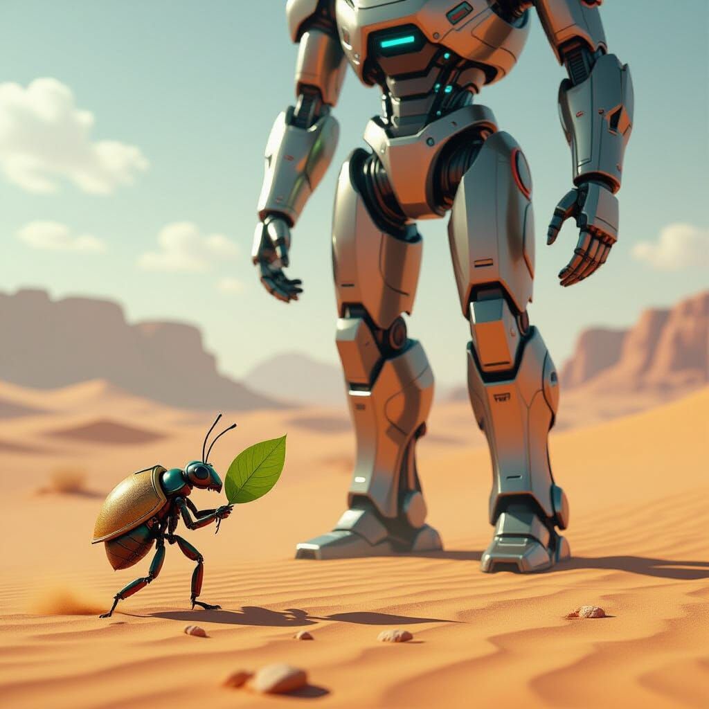 Ant and Robot Trekking Desert in Sci-Fi Style