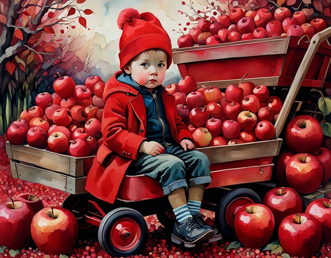 Whimsical Child in Wagon of Red Apples