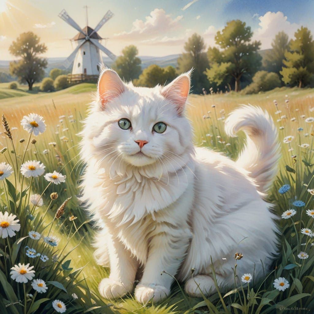Fluffy White Kitty in Meadow with Windmill, Watercolor Style