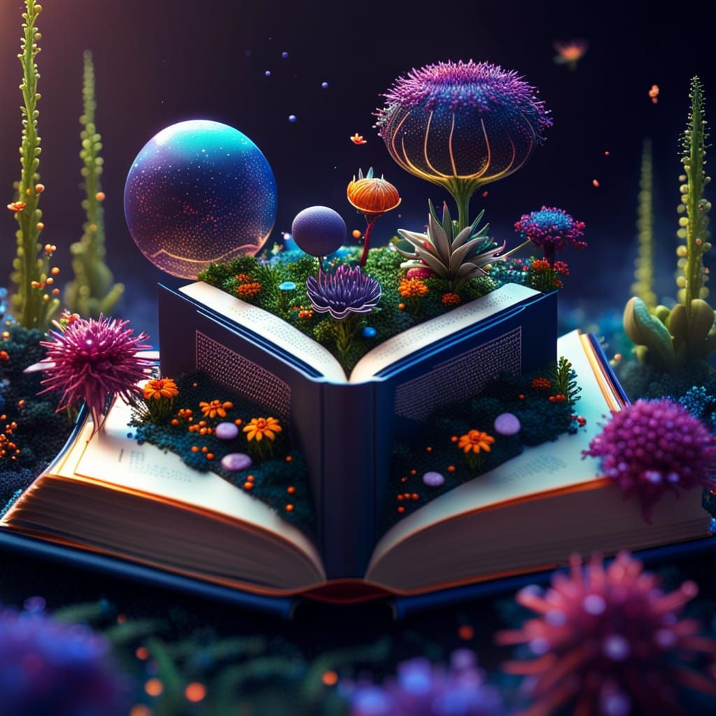 Magical Space Garden on Open Book, Fantasy Art
