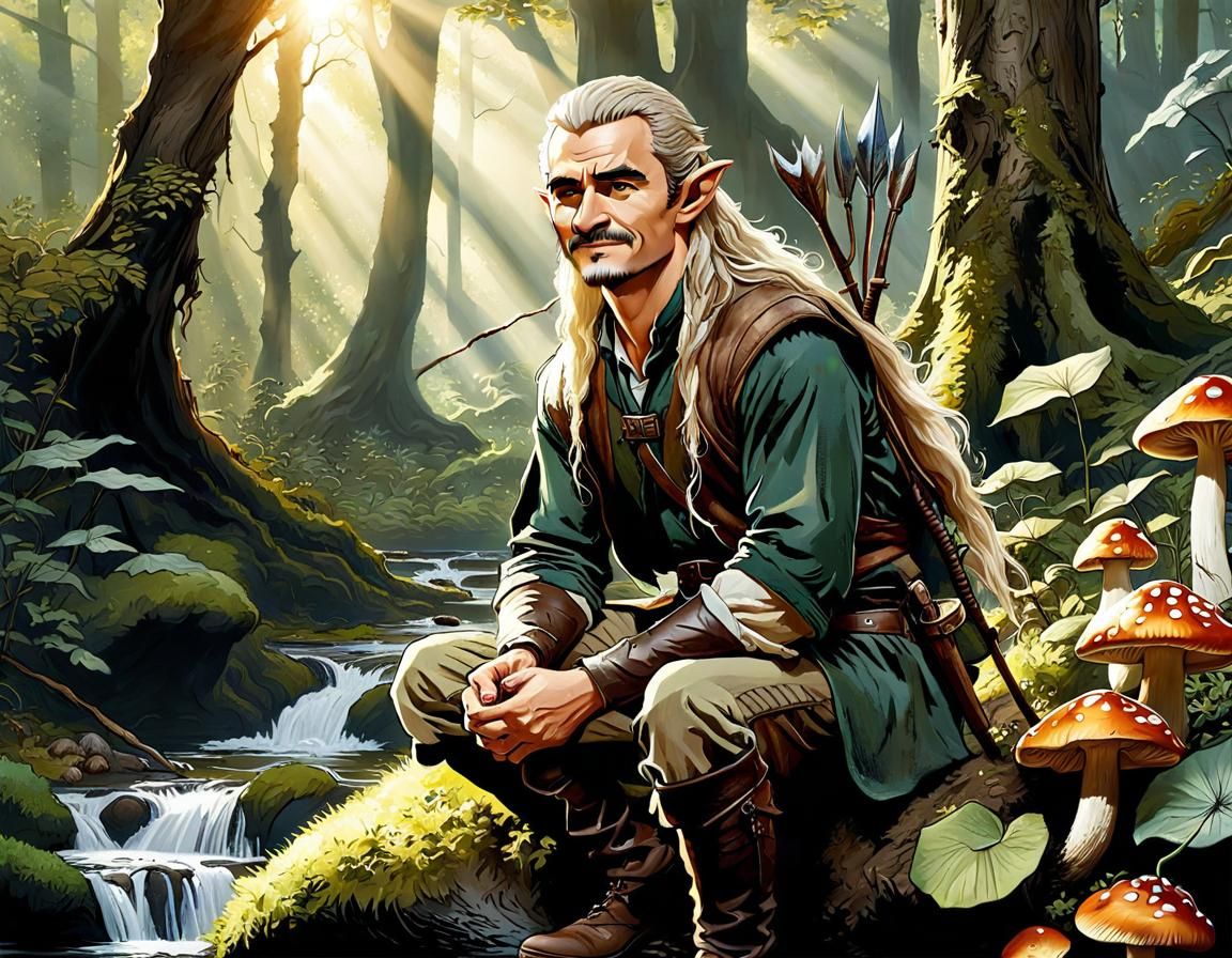 Smiling Elf in Forest, Digital Art