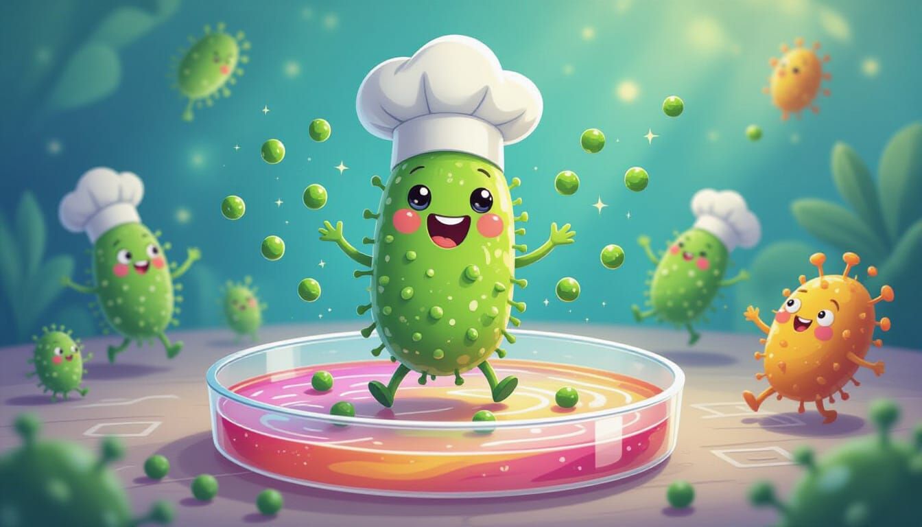 Whimsical Bacterium Chef Juggles Peas in Petri Dish