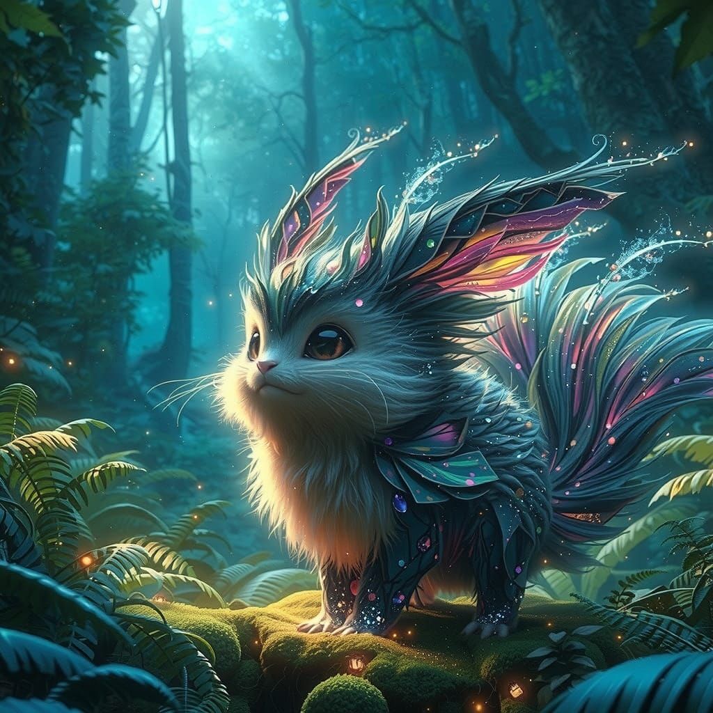 Mystical Creature in Enchanted Forest, Futuristic Organic St...