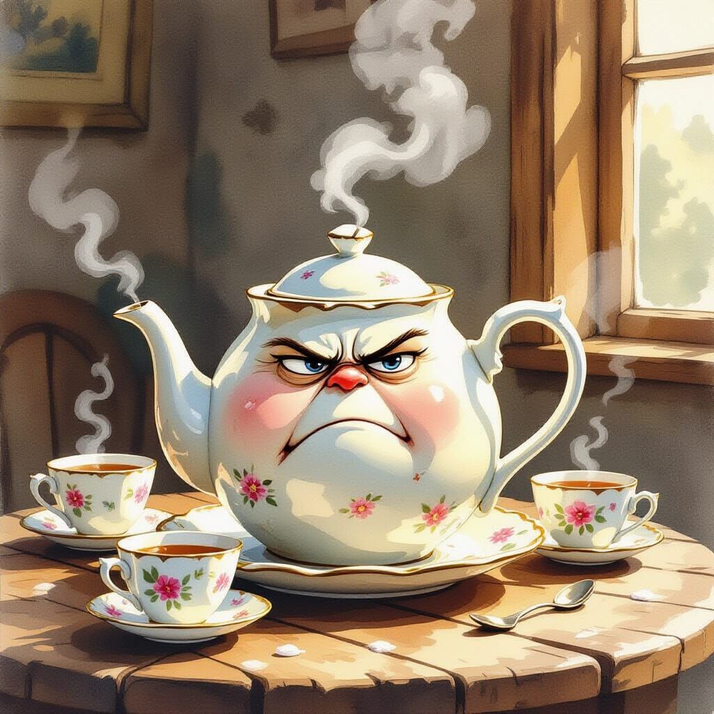Grumpy Teapot Exhales Steam in Whimsical Watercolor Style