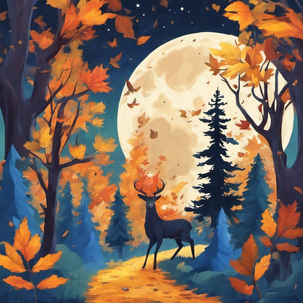 Blue Moon Over Autumn Forest at Night