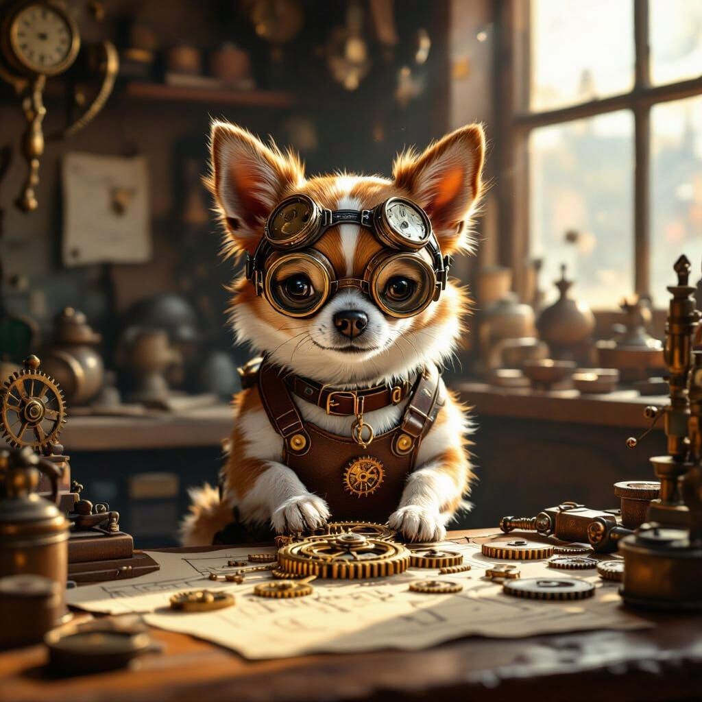 Steampunk Chihuahua Crafts Clockwork Gears in Workshop