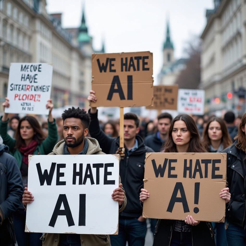 Protest Against AI in Gritty Documentary Style