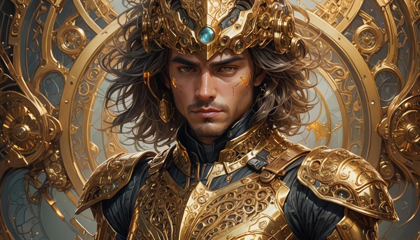 Golden Armored Motorcycle Rider Portrait in Artgerm Style