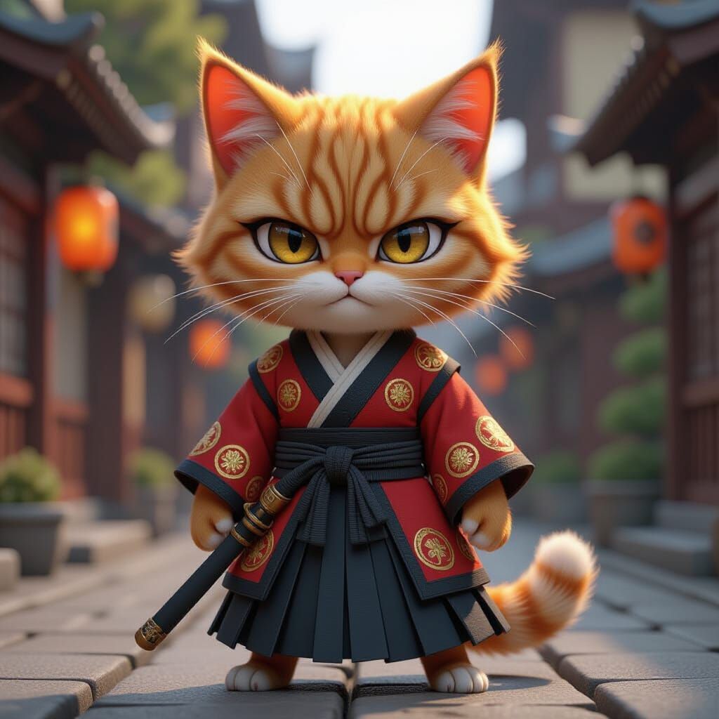 Chibi Cat Warrior in Japanese Robes CGI Render