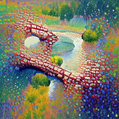 Pointillist Bridge Over Stream: Oil on Canvas