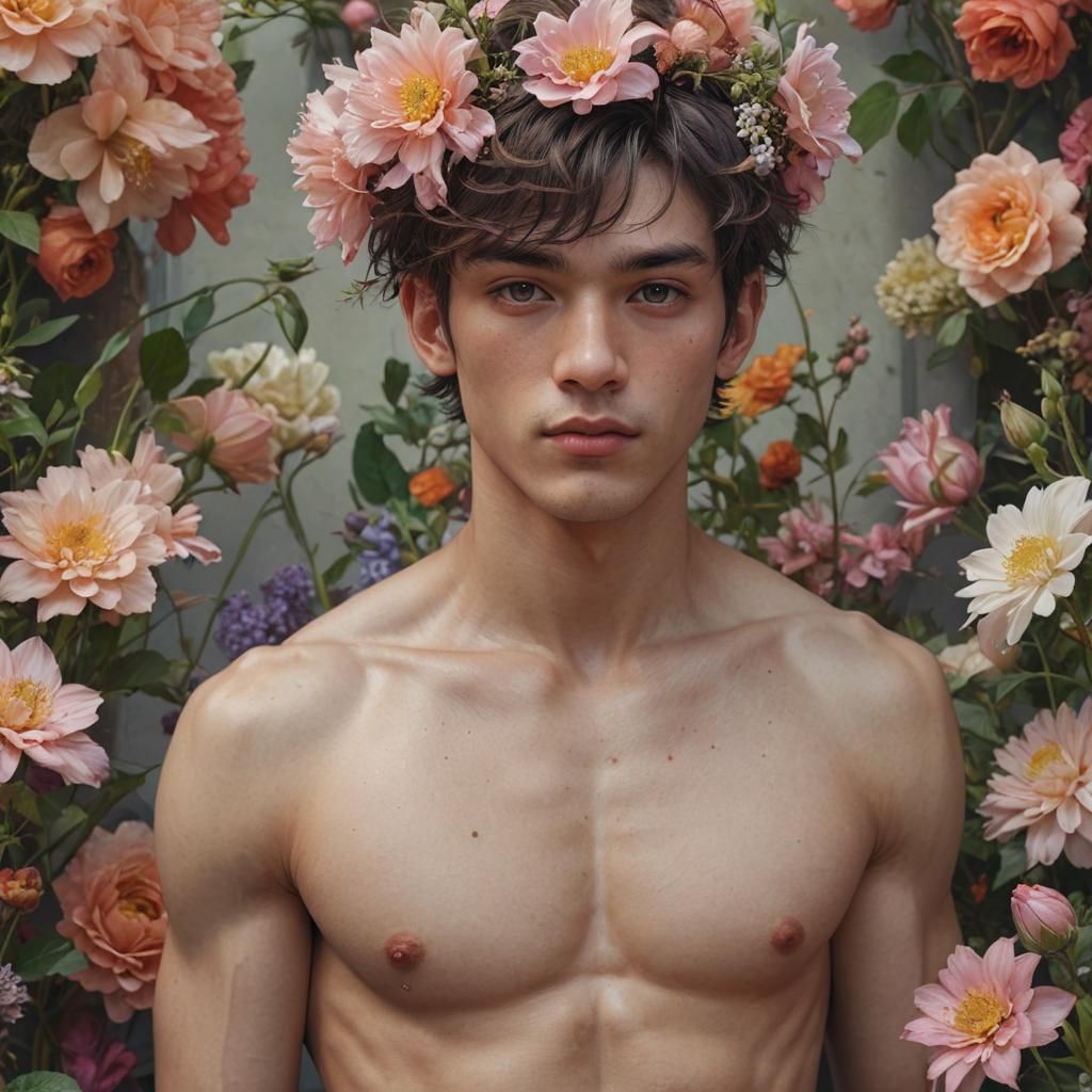 Shirtless Man with Flowers: Hyperdetailed Digital Portrait