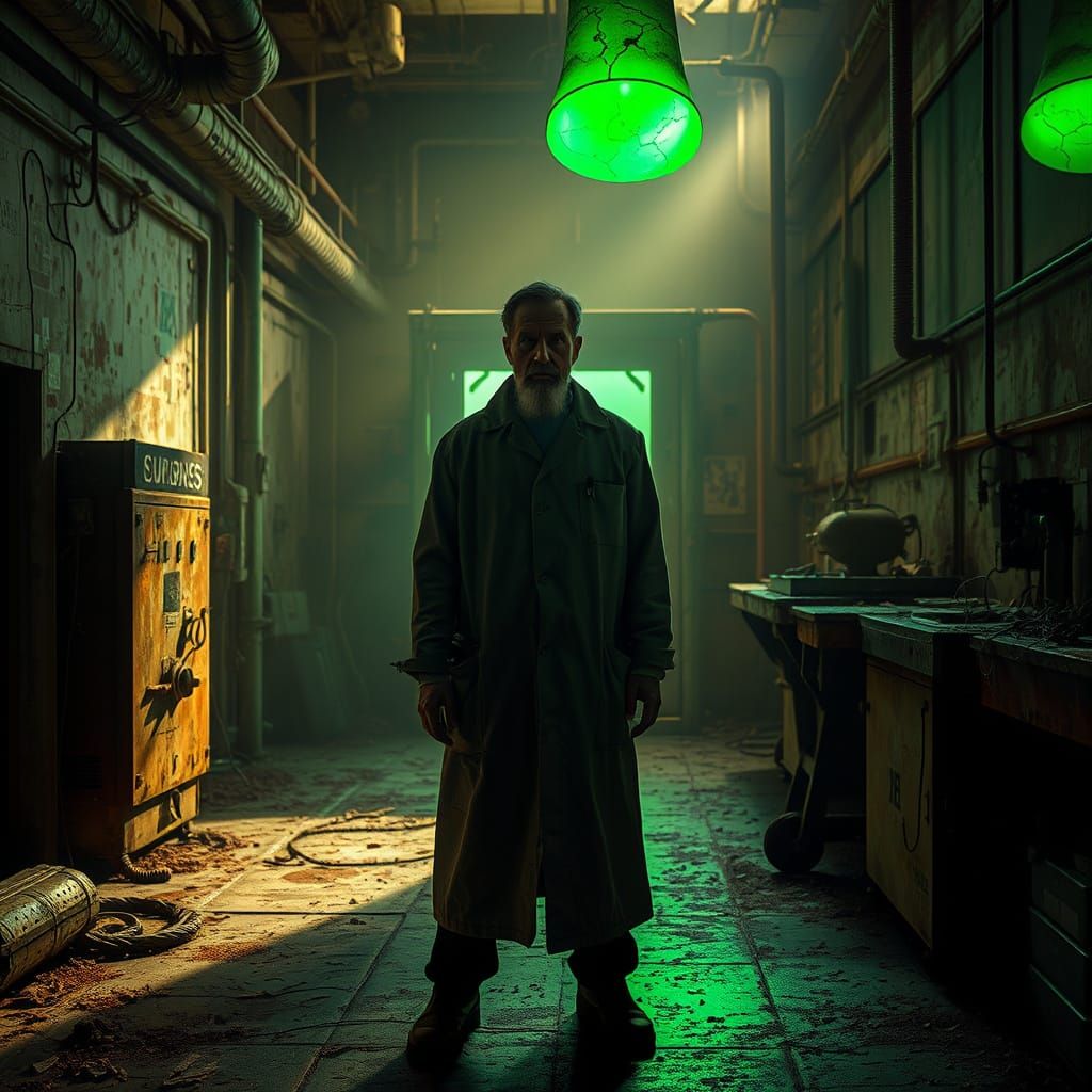 Scientist in Abandoned Complex with Eerie Green Glow