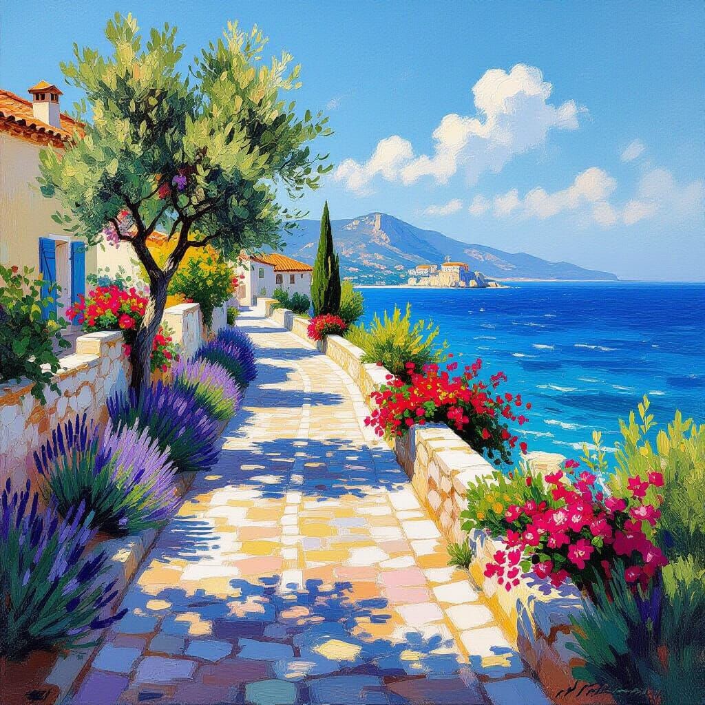 Seaside Path with Provencal Villas in Impressionist Style