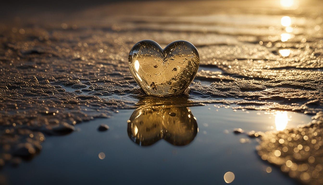 Heart-Shaped Sunlight Reflection in Crystal Clear Puddle