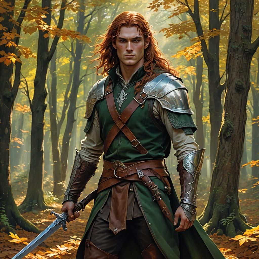 Half-Elven Warrior in Autumnal Forest: Photorealistic Fantas...