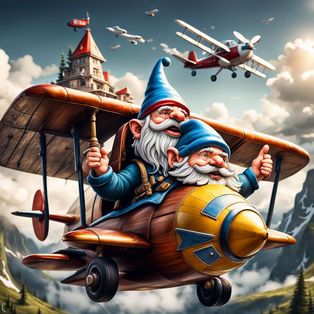 Gnome Flies Aeroplane: Hyperrealistic 64 Megapixel Image