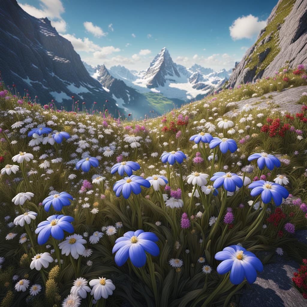 Edelweiss Flowers Bloom in Swiss Alps: Matte Painting