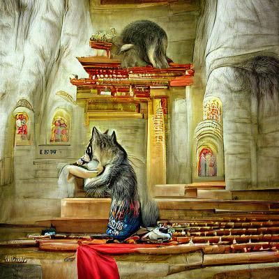 Wolf Praying in Temple: Detailed Artwork