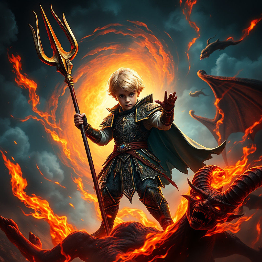 Boy Hero Slaying Devil in Ornate Armor