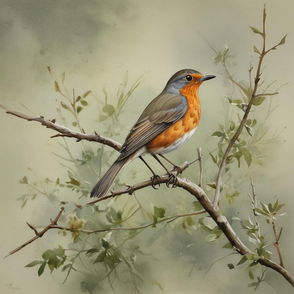 Naturalistic Watercolor Painting of a Robin