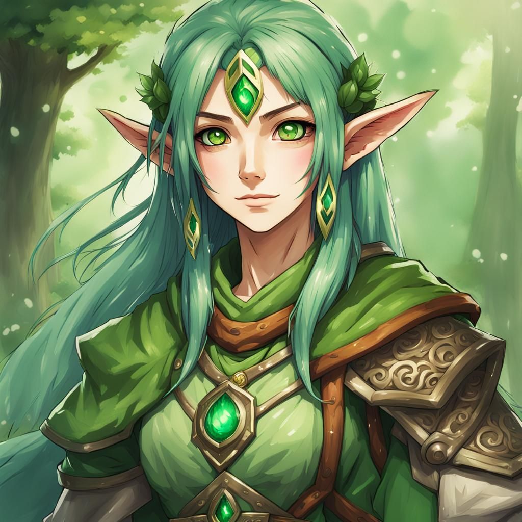 Anime Style Eladrin Druid with Green Hair