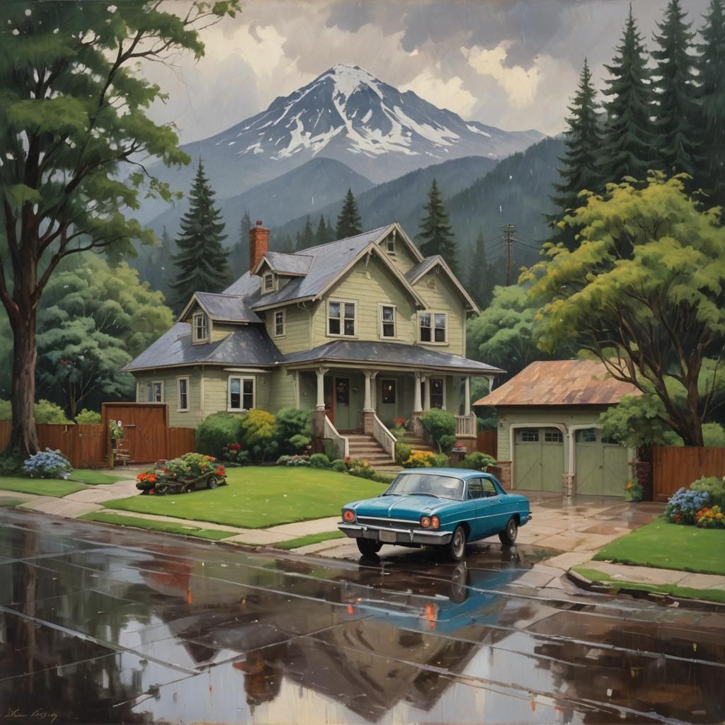 Idyllic Rainy Day: Oil Painting of Family Home