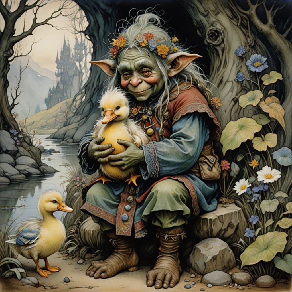 Norwegian Troll Toddler Hugging Duck in Fantasy Art