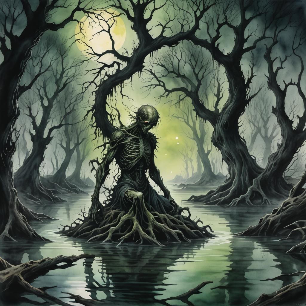 Cursed Figure in Toxic River: Dark Fantasy Watercolor