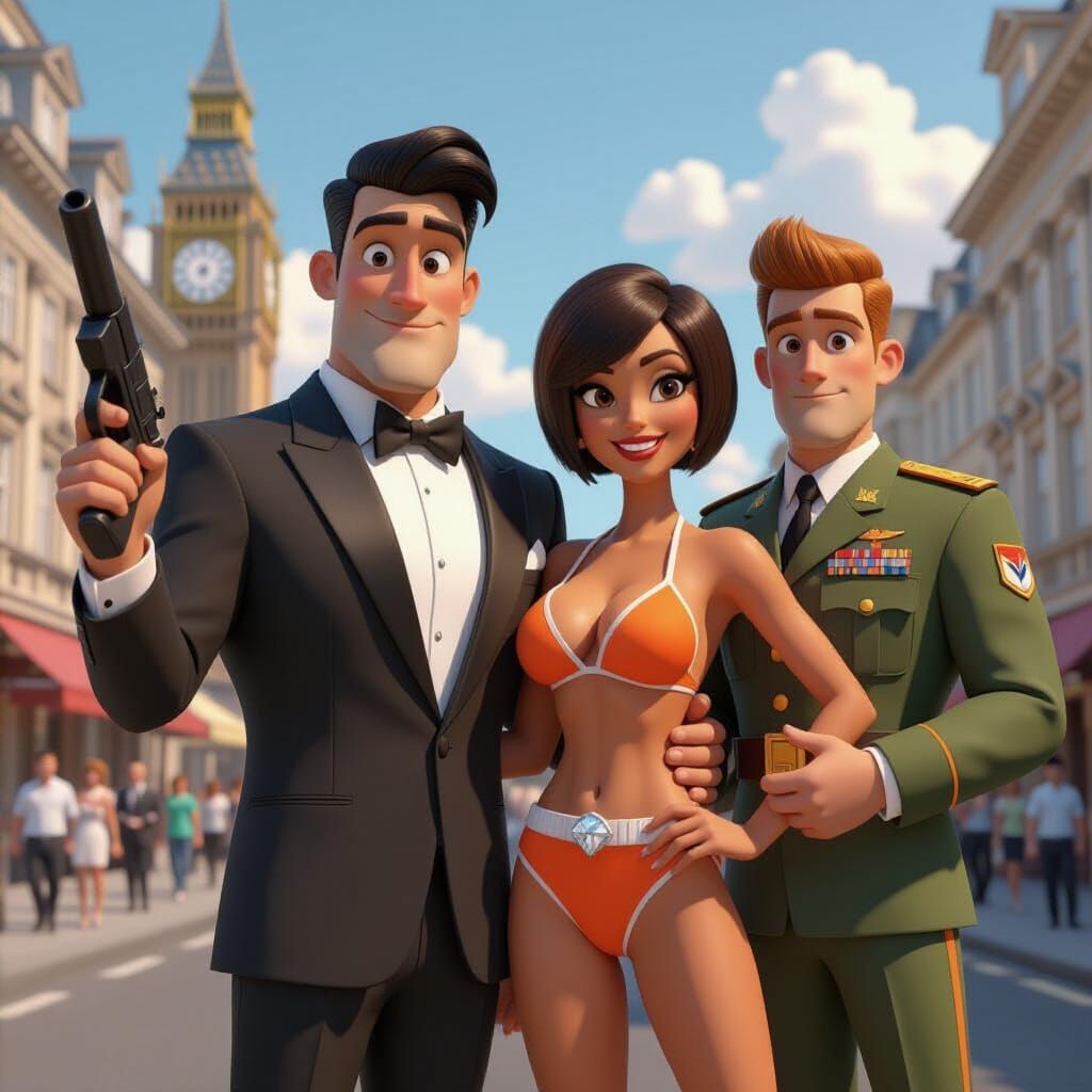 Street Scene with Tuxedo, Bikini, and Diamonds: Pixar Style